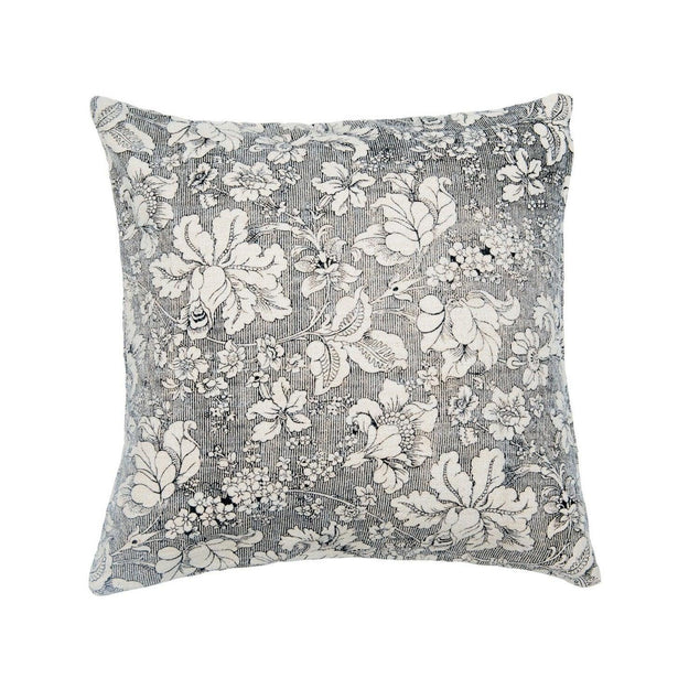 Black and Cream Cotton Slub Printed Pillow with Floral Pattern